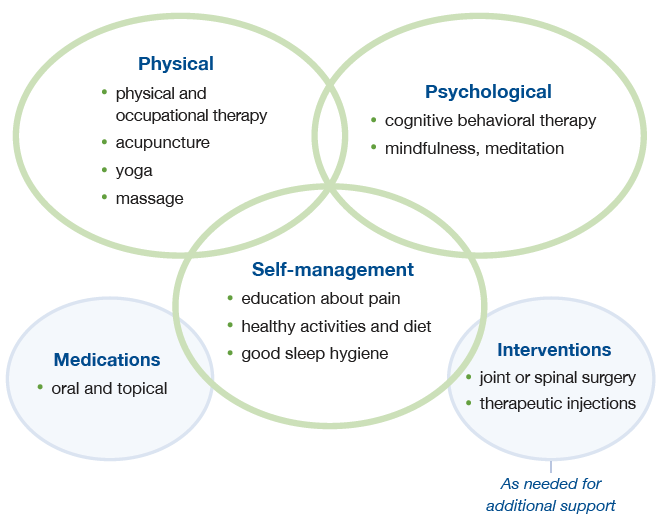 Overlapping circles showing physical, psychological, self-management, medications and interventions to improve function and alleviate pain