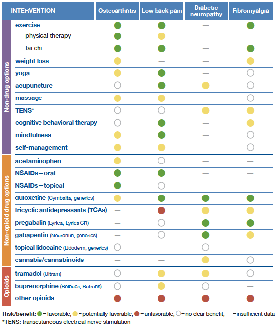 A table showing non-drug and drug options to manage pain related to osteoarthritis, low back pain, diabetic neuropathy and fibromyalgia